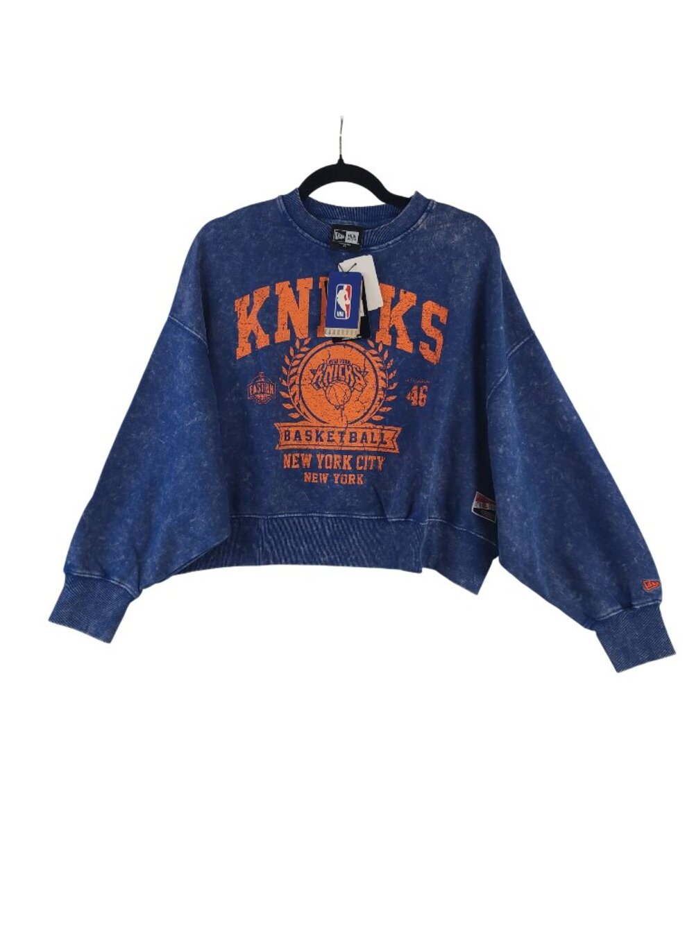 NWT New Era Knicks Women's Blue Acid Wash Cropped Crewneck Sweatshirt Sz XS